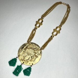 Vintage Les Bernard Inc Statement Necklace Asian Medallion Pendant Faux Jade